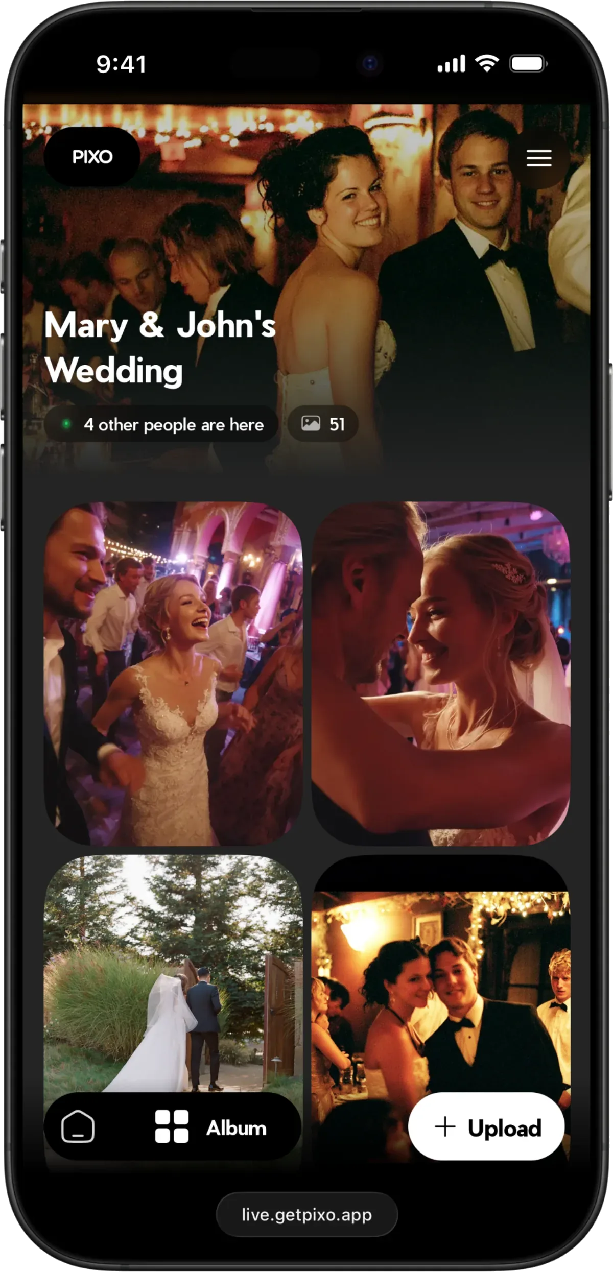 A phone showing the Pixo live feed, filling with photos guests have just sent