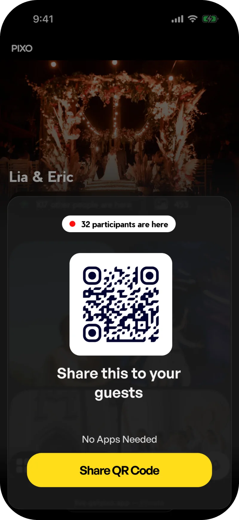A phone showing the event's QR code on the dashboard's share sheet, over a Share QR Code button