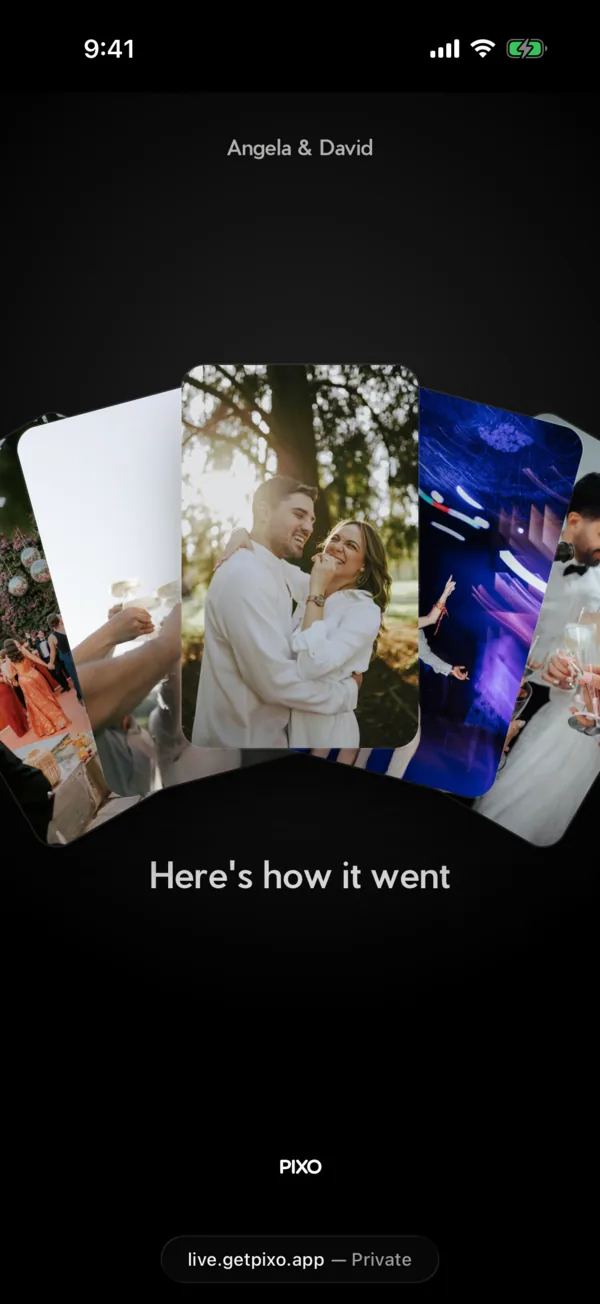 The recap's opening screen: a wedding's photos fanned out over the words Here's how it went